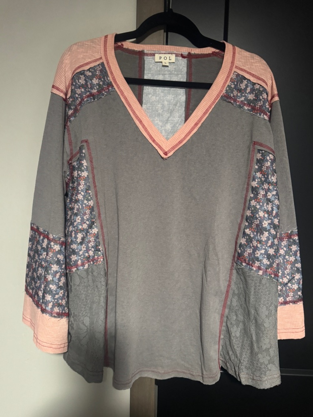 POL V-Neck Pullover Top in Gray, Blue, and Pink Floral Patchwork